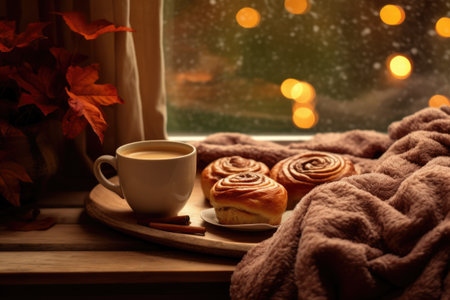 warm cozy window arrangement, autumn concept, coffe, spices throw leavesの素材