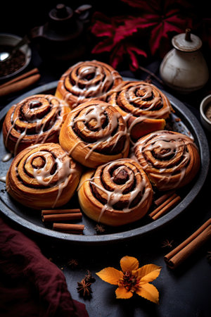 Cinnabon Buns with glaze on wooden background, autumn leaves, Generative AIの素材