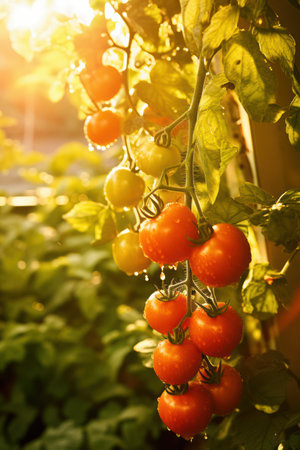 fresh cherry tomatoes growing in evening garden, Generative AIの素材