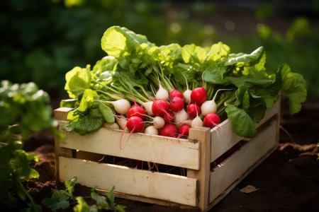 fresh radish in wooden crate in evening garden, Generative AIの素材