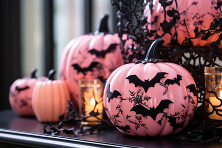 pink pumpkins black bats stylish halloween interior decoration, Generative AIの素材