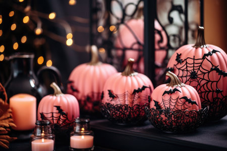 pink pumpkins black bats stylish halloween interior decoration, Generative AIの素材
