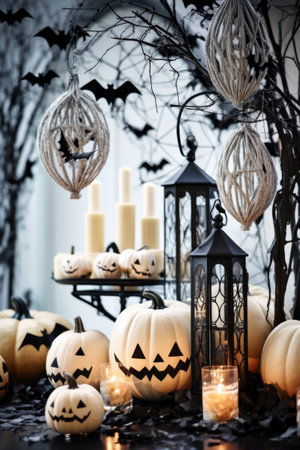 white pumpkins black bats stylish halloween interior decoration, Generative AIの素材