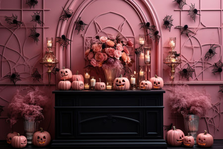 pink pumpkins black bats stylish halloween interior decoration, Generative AIの素材