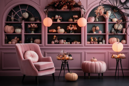 pink pumpkins black bats stylish halloween interior decoration, Generative AIの素材