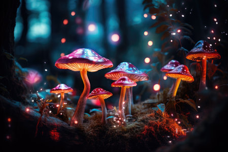 closeup of glowing forest mushrooms, magic fantasy, autumn season, generative AIの素材