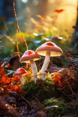 closeup of glowing forest mushrooms, magic fantasy, autumn season, generative AIの素材