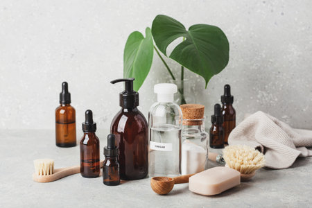 zero waste eco friendly cleaning concept. wooden brushes, baking soda, vinegarの写真素材