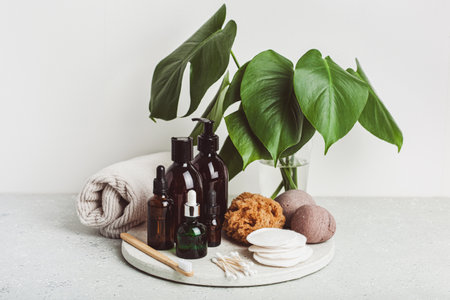 zero waste eco friendly hygiene bathroom concept. wooden toothbrush soap reusable pads brush cosmeticの写真素材