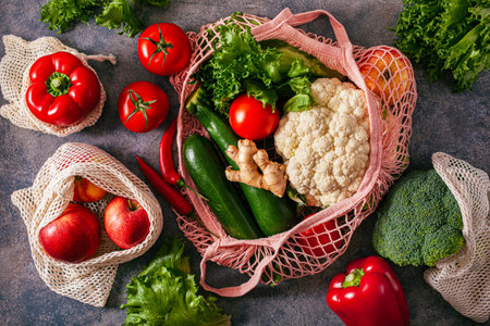 fruits vegetables in reusable mesh cotton bag, plastic free zero waste conceptの写真素材
