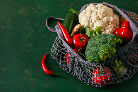 fruits vegetables in reusable mesh cotton bag, plastic free zero waste conceptの写真素材