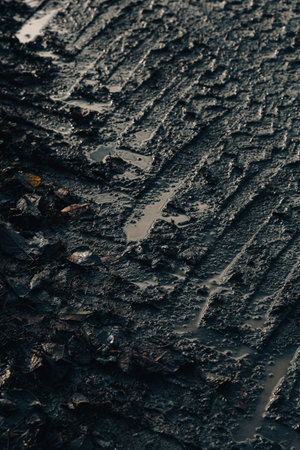 dark muddy road background with tire traces, dirty ground and autumn leavesの写真素材
