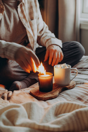 a caucasian man relaxing at home, lighting candle, drinking coffee in bedの写真素材