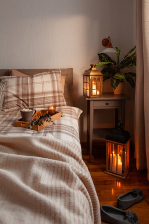 cozy scandinavian bedroom interior in natural tones, blanket candles houseplantsの写真素材