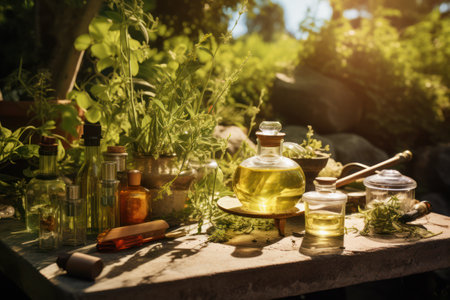 essential oil bottles and flowers herbs in garden, harvesting, extraction absolute, tincture production, Generative AIの素材
