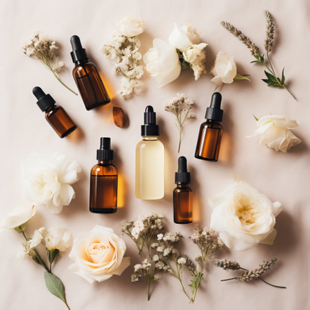 rose essential oil bottles and flowers, harvesting, extraction absolute, tincture production, Generative AIの素材