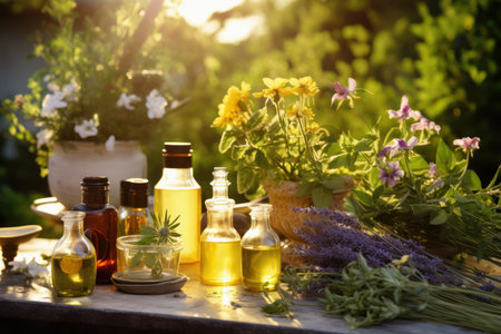 essential oil bottles and flowers herbs in garden, harvesting, extraction absolute, tincture production, Generative AIの素材