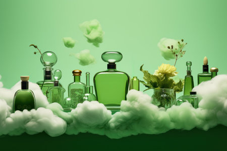 different fancy glass perfume bottles in green clouds, Generative AIの素材