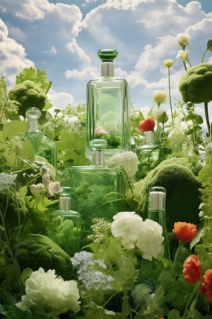 fancy glass perfume bottles in green herbs flowers moss, natural cosmetics, Generative AIの素材