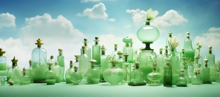 different fancy glass perfume bottles in green clouds, Generative AIの素材
