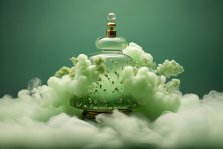 fancy glass perfume bottles in green clouds, Generative AIの素材