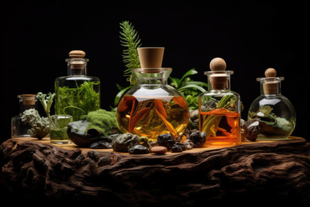 fancy glass perfume bottles in green herbs flowers moss wood, natural cosmetics, Generative AIの素材
