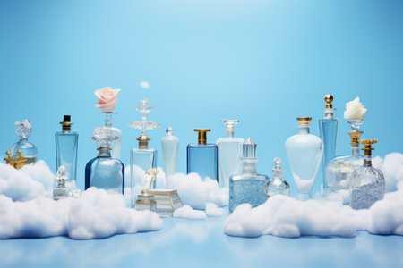 different fancy glass perfume bottles in blue sky clouds, Generative AIの素材