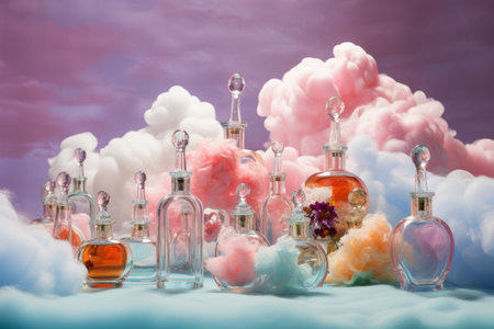 different fancy glass perfume bottles in blue sky pink clouds, Generative AIの素材