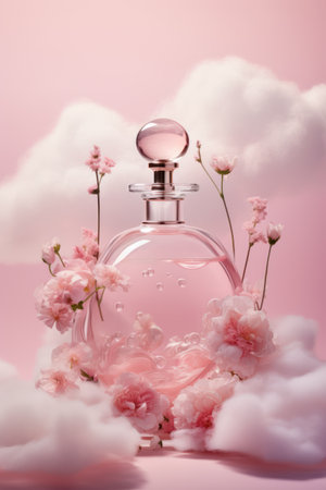 fancy glass perfume bottles in sky pink clouds, Generative AIの素材