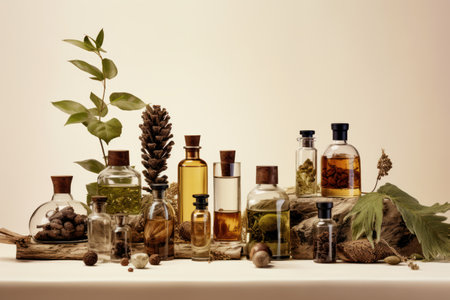 modern glass perfume bottles with herbs flowers spices wood, natural perfume cosmetics, Generative AIの素材
