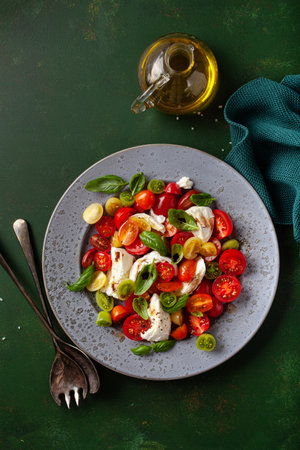 healthy colorful tomato mozzarella basil salad with balsamic vinegar dressingの写真素材