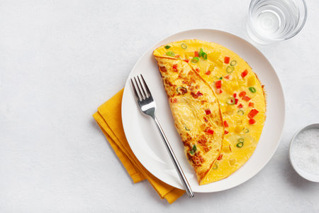 omelette with tomato, bell pepper onion and cheese. healthy breakfastの写真素材