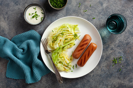 grilled sausages and stewed steamed cabbage with butter, healthy keto mealの写真素材