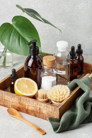 zero waste eco friendly cleaning concept. wooden brushes, baking soda, vinegarの写真素材