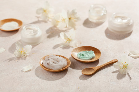 skincare products and jasmine flowers. zero waste eco friendly natural cosmetics for home spaの写真素材
