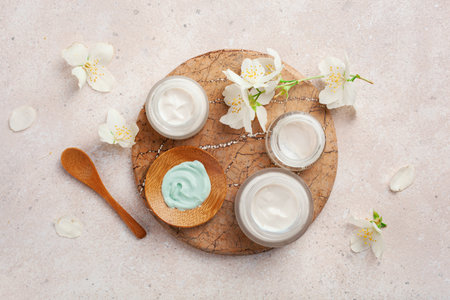 skincare products and jasmine flowers. zero waste eco friendly natural cosmetics for home spaの写真素材