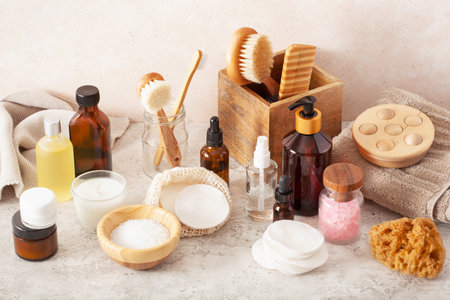 zero waste eco friendly hygiene bathroom concept. wooden toothbrush soap brush cosmeticの写真素材