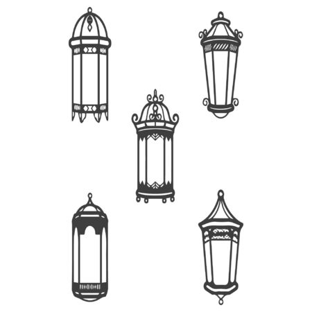 Vector vintage lantern set isolated on white. Classic antique light. Old graphic object design 02のイラスト素材