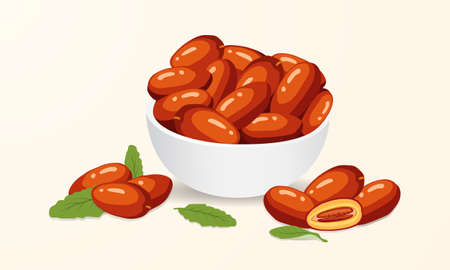 A bowl of dates for iftar in ramadan. Dates illustration vector isolated backgroundのイラスト素材
