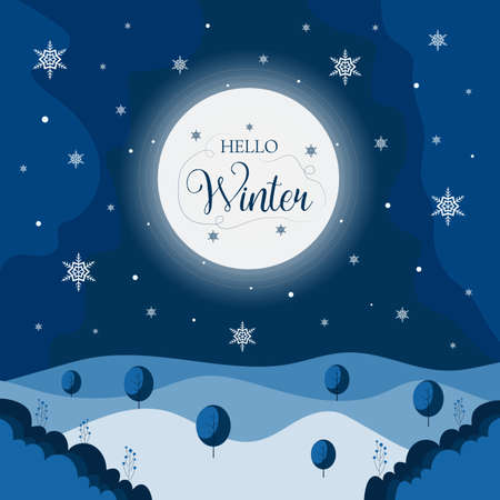 Hello winter with blue night color illustration. Social media post or banner background design. Cool night in hello winter background design using elements snowflake, moon, plant, star, snow 
and tree with shades of blue nightのイラスト素材