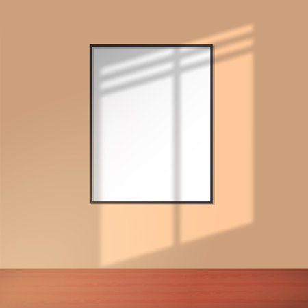 Window shadow overlay scene and white frame on room wall background. Illustration window shadow overlay scene designのイラスト素材