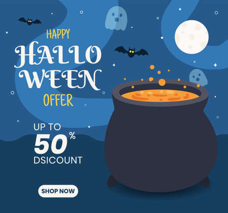 Happy Halloween social media post banner with keg illustration in blue color sky backgroundのイラスト素材