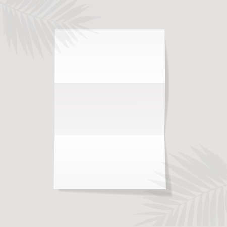 Vertical opened trifold flyer paper mockup illustration on leaf shadow overlay isolated backgroundのイラスト素材