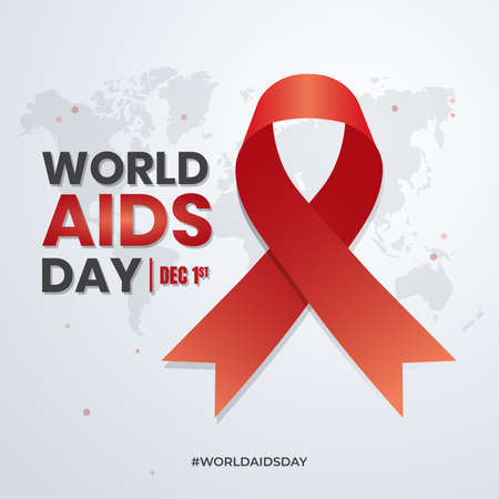 World Aids Day Desember 01st with red ribbon illustration on world map backgroundのイラスト素材
