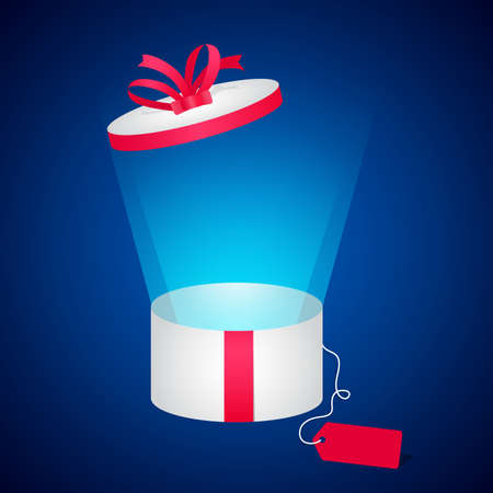 Opened white cylindrical gift box with pink ribbon illustration on isolated backgroundのイラスト素材