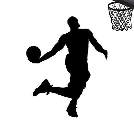 Men Basketball player silhouette slam dunk trying to put the ball in to basket illustration on isolated background designのイラスト素材