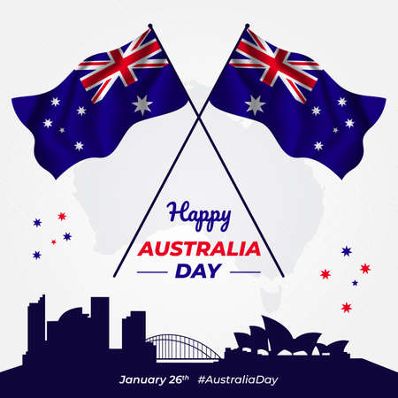 Australia day January 26th flying flag illustration with flag pole background designのイラスト素材