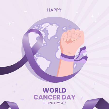 World Cancer Day illustration with purple ribbon fist and maps on sunburst background. World Cancer Day February 4th designのイラスト素材