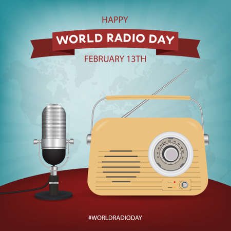 Happy World Radio Day February 13th vintage radio microphone maps illustration on colored background designのイラスト素材