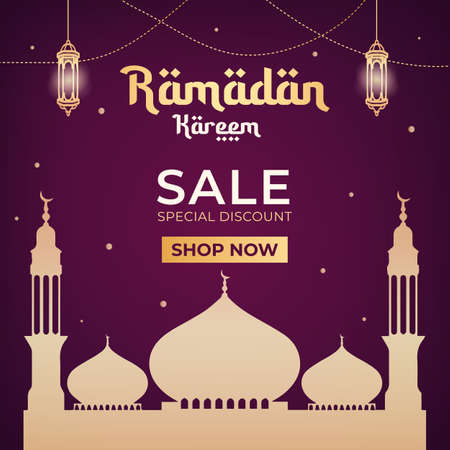 Ramadan sale banner social media post with mosque silhouette illustration templateのイラスト素材